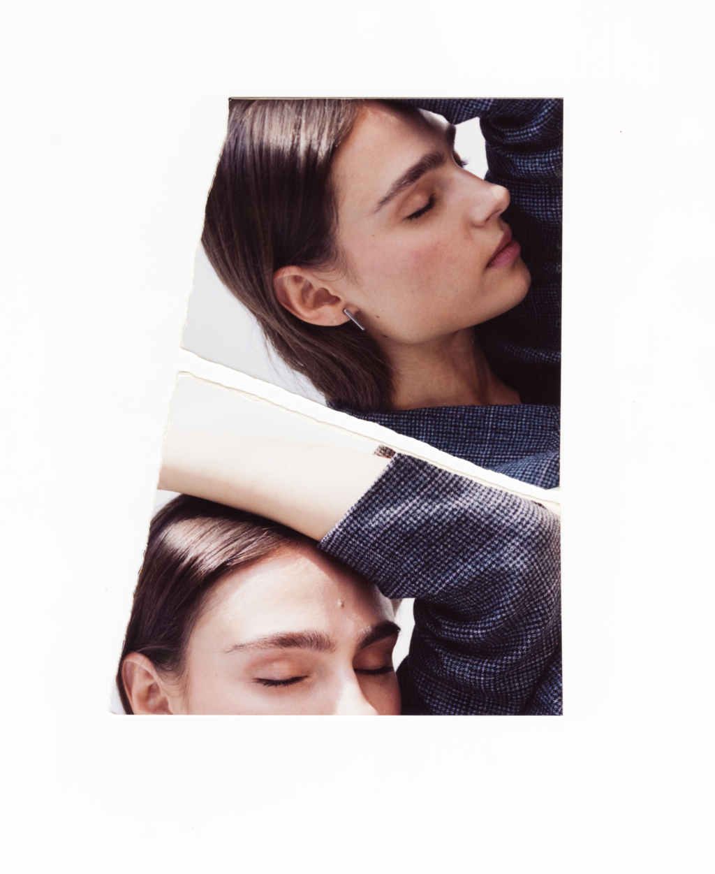 Detail photos of a young woman resting her face into her arm