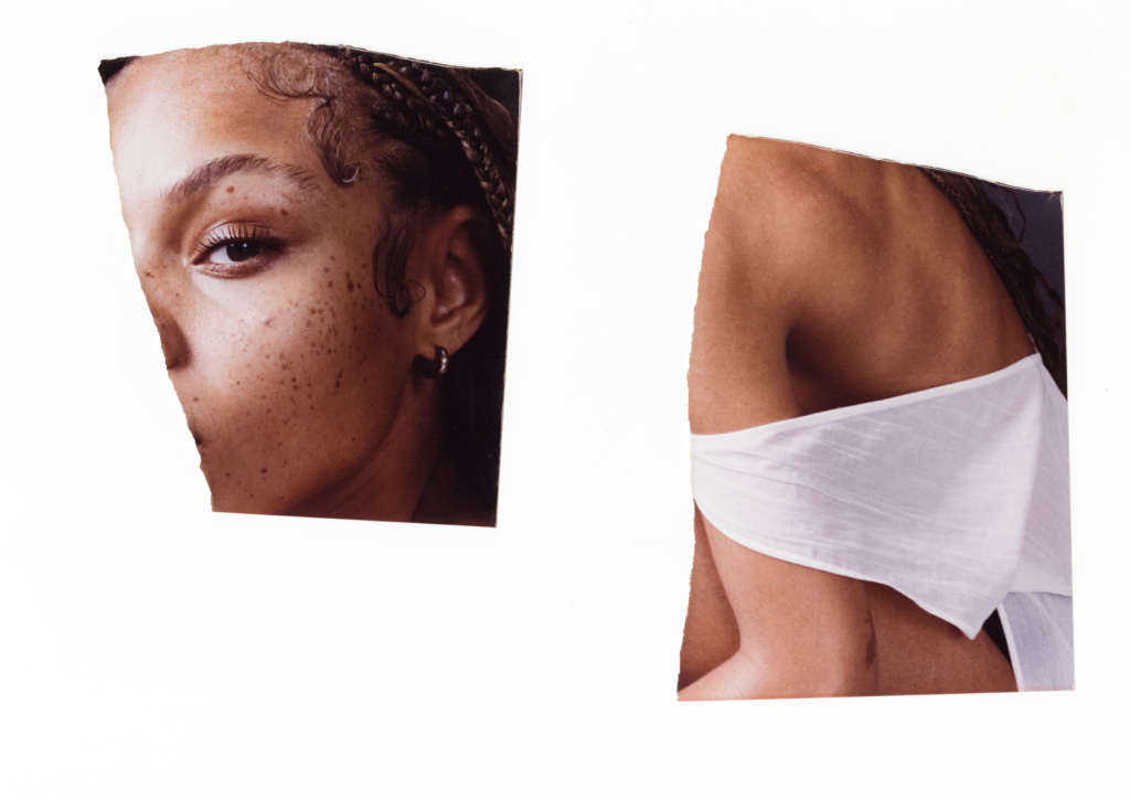 Detail of photos showing a young woman's face and body